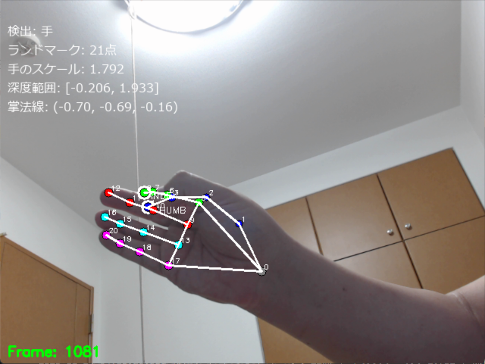 MediaPipe Hands による3次元手指ランドマーク検出