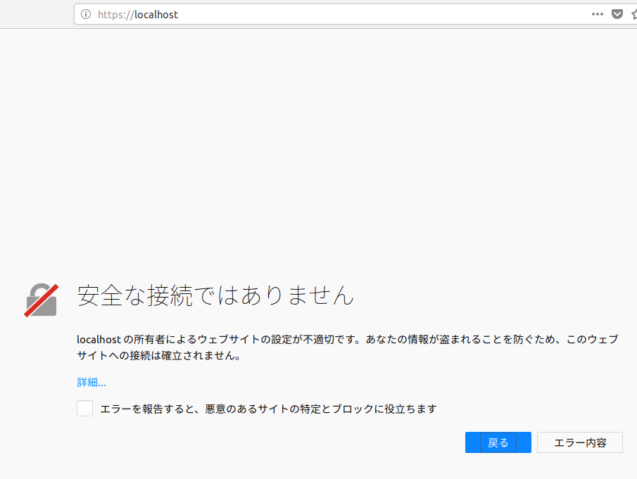 SSL設定後の初期動作確認画面例（セキュリティ警告あり）